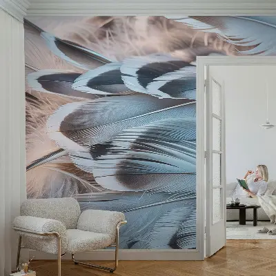 Modernus fototapetas su mėlynu plunksnų motyvu