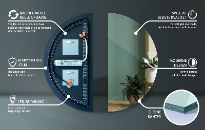 Pusiau apvalus veidrodis su LED apšvietimu
