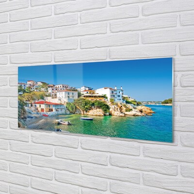 Stiklo paveikslas Graikijos pakrantės pastatai jūra