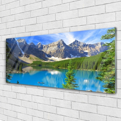 Stiklo paveikslas Ežero kalnų miško peizažas