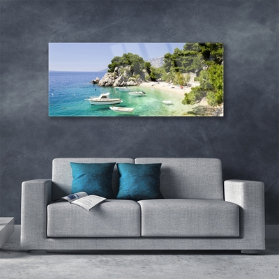 Stiklo paveikslas Sea Beach Rocks Boats