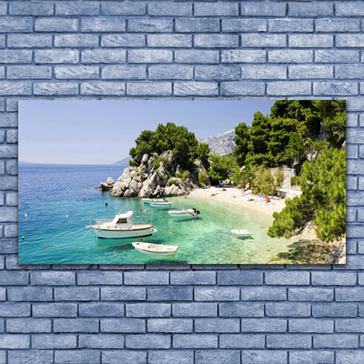 Stiklo paveikslas Sea Beach Rocks Boats