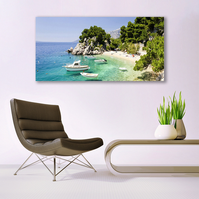 Stiklo paveikslas Sea Beach Rocks Boats