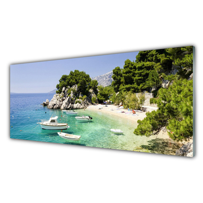 Stiklo paveikslas Sea Beach Rocks Boats