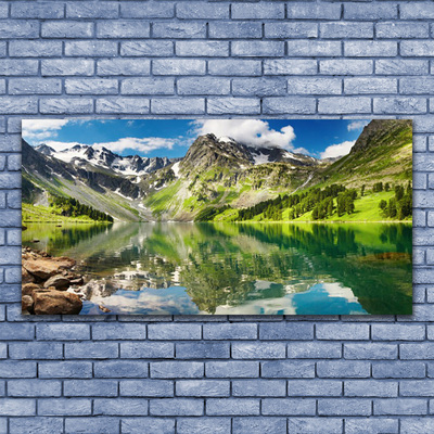 Akrilo stiklo paveikslas Kalnų ežero peizažas