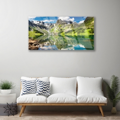 Akrilo stiklo paveikslas Kalnų ežero peizažas