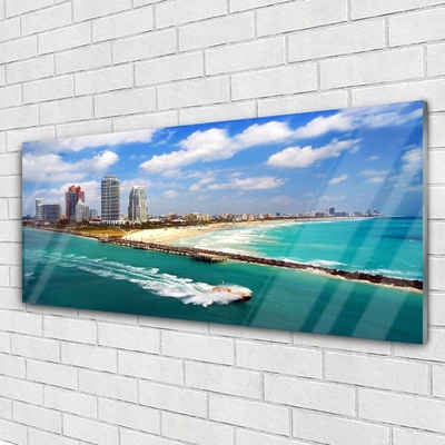 Paveikslas ant akrilinio stiklo Jūros paplūdimio miesto peizažas
