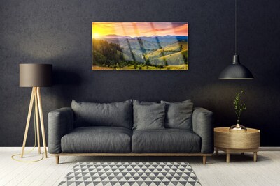 Akrilo stiklo paveikslas Kraštovaizdžio pievos saulėlydis