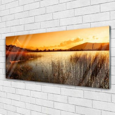Akrilo stiklo paveikslas Ežero peizažas Saulėlydis