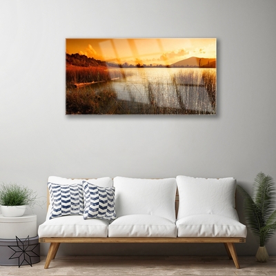 Akrilo stiklo paveikslas Ežero peizažas Saulėlydis