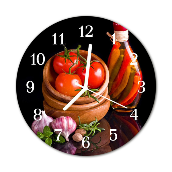 Apvalus stiklo laikrodis Česnakinis pomidoras