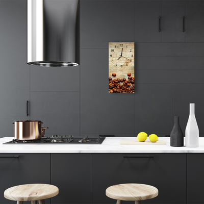 Vertikalus Stiklinis Laikrodis Virtuvė Kavos pupelės ant rudos medienos