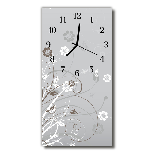 Vertikalus Stiklinis Laikrodis Art Grey gėlių raštas