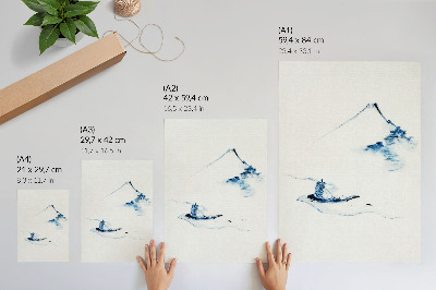Plakatas Hokusai „Vyras mažoje valtyje upėje su Fudžio kalnu fone“ (1830–1850)