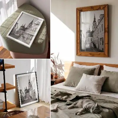 Sieninis plakatas istoriniai pastatai su elegantiškomis architektūrinėmis detalėmis