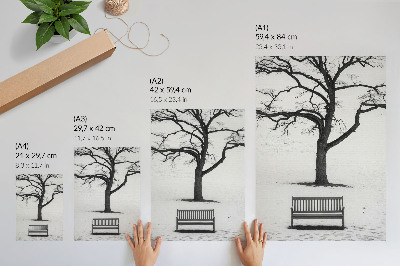 Plakatas svetainei Minimalistinis peizažas su medžiu ir suoliuku