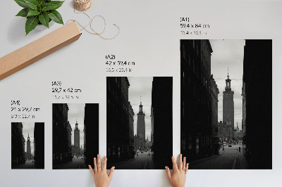Sieninis plakatas Juodai balta gatvė su bokštu monumentaliame centre