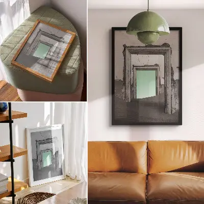 Plakatas siurrealistinis apleistų pastatų su žaliomis dykumomis vaizdas