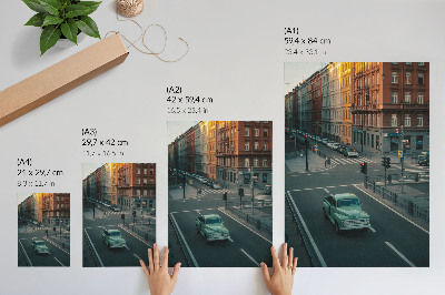 Dekoratyvinis plakatas Daugiabučių namų retro automobilių saulėlydžio atmosfera