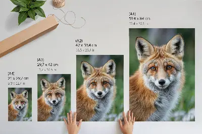 Plakatas lapės portretas šiltų atspalvių fone su žaliu akcentu