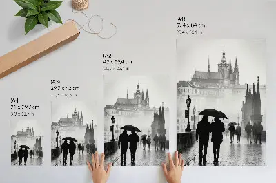 Dekoratyvinis plakatas pasivaikščiojimas per lietų su istorinės architektūros motyvais