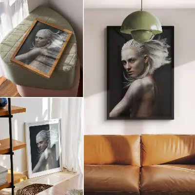 Plakatas svetainei tamsus fonas su subtiliu baltų plaukų fokusavimu