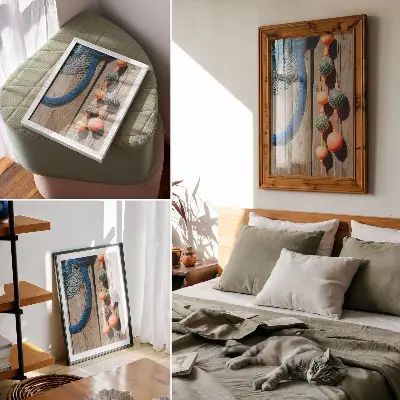 Plakatas svetainei spalvingi plūdurai ant medinės sienos su jūros akcentais