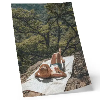 Sieninis plakatas poilsis ant uolos su skrybėle ir žaliais medžiais gamtoje