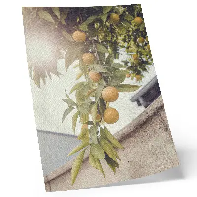 Plakatas svetainei medžio šaka su žaliais lapais ir oranžine saule