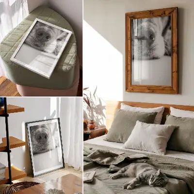 Sieninis plakatas minimalistinis juodai baltos tekstūros šuns vaizdas iš arti