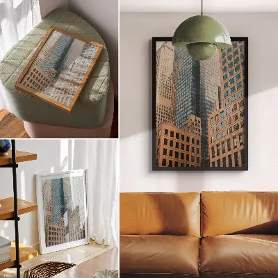 Sieninis plakatas modernūs dangoraižiai su geometrinių formų elegancija