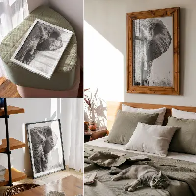 Plakatas svetainei monochromatinė atmosfera su raukšlėtos odos elegancija