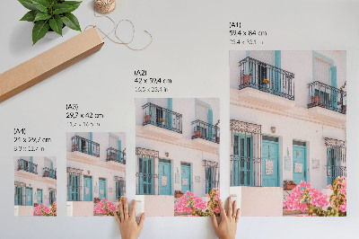 Dekoratyvinis plakatas Pastelinės mėlynos spalvos, balkono detalės, gėlės