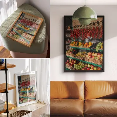 Plakatas svetainei spalvingi vaisiai su natūralių tradicijų ir gamtos dvelksmu