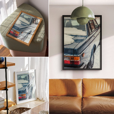 Dekoratyvinis plakatas Retro automobilis sniego mėlyname baltame fone