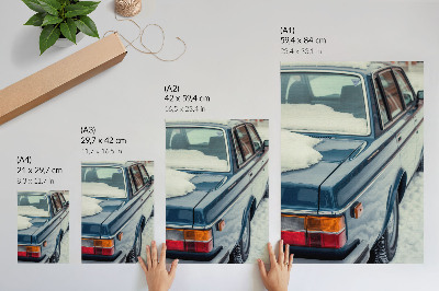 Dekoratyvinis plakatas Retro automobilis sniego mėlyname baltame fone