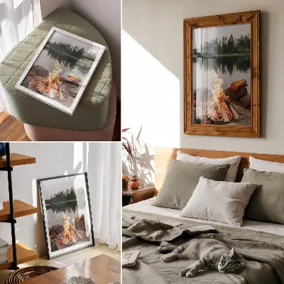 Plakatas svetainei laužas ežeras miškas akmenys ir gamtos poilsis