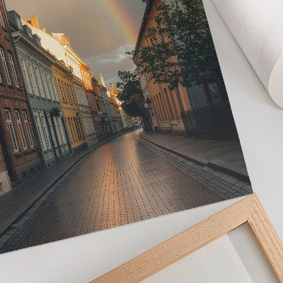 Plakatas Spalvingi daugiabučiai, vaivorykštė, debesuotas dangus
