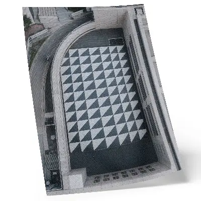 Dekoratyvinis plakatas elegantiški geometriniai raštai ir futuristinė architektūra