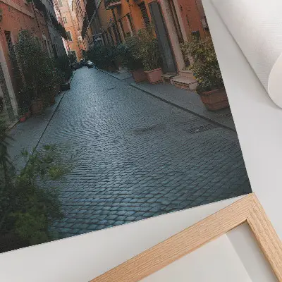 Dekoratyvinis plakatas žavinga gatvė su vazoniniais augalais šiltomis spalvomis