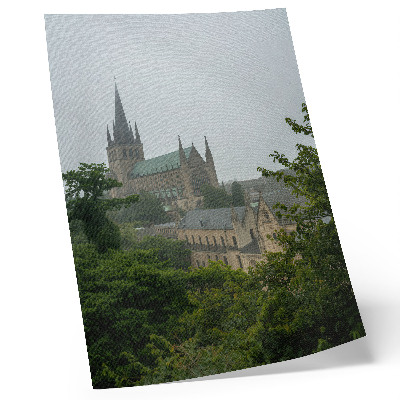 Plakatas svetainei Gotikinė katedra tarp žaliuojančių medžių