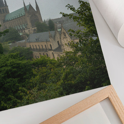 Plakatas svetainei Gotikinė katedra tarp žaliuojančių medžių