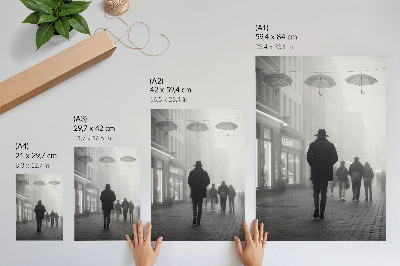 Plakatas svetainei Figūra su skrybėle, rūkas, skėčiai, paslaptis
