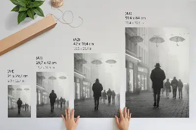 Plakatas svetainei figūra su skrybėle rūke tarp skėčių paslapties dvasia