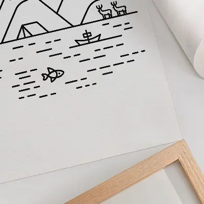 Dekoratyvinis plakatas su minimalistinėmis kalnų, ežero ir gyvūnų linijomis