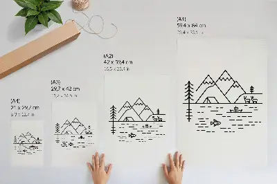 Dekoratyvinis plakatas su minimalistinėmis kalnų, ežero ir gyvūnų linijomis