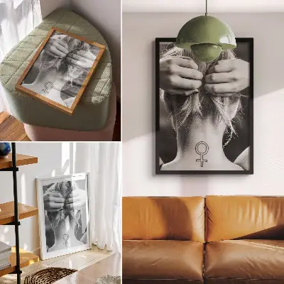 Dekoratyvinis plakatas juodai baltos elegancijos minimalizmas su moteriškumo simboliu