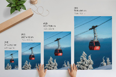Sieninis plakatas Žiemos peizažas, raudona gondola, balti medžiai