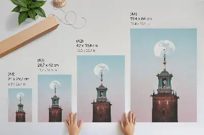 Plakatas ramus pastelinis bokšto ir mėnulio fonas