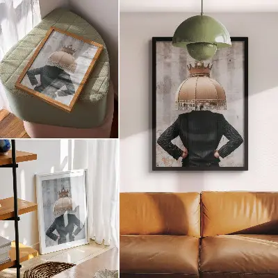 Dekoratyvinis plakatas rafinuoto šviestuvo gaubto ir elegantiško kostiumo tekstūrų kontrastas